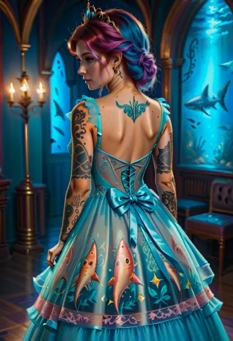 arafed, a picture of a ((shark tattoo: 1.5)) on the back of a (female elf: 1.3), of  glowing tattoo of a ((blue shark: 1.3)) the...