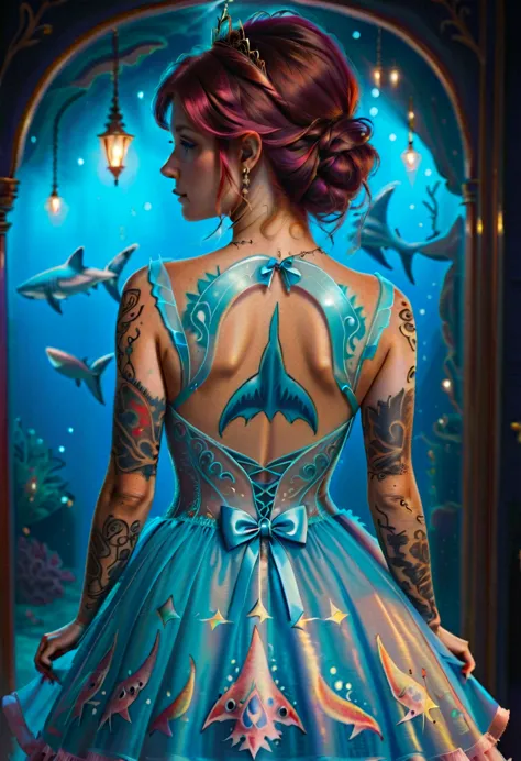 arafed, a picture of a ((shark tattoo: 1.5)) on the back of a (female elf: 1.3), of  glowing tattoo of a ((blue shark: 1.3)) the...