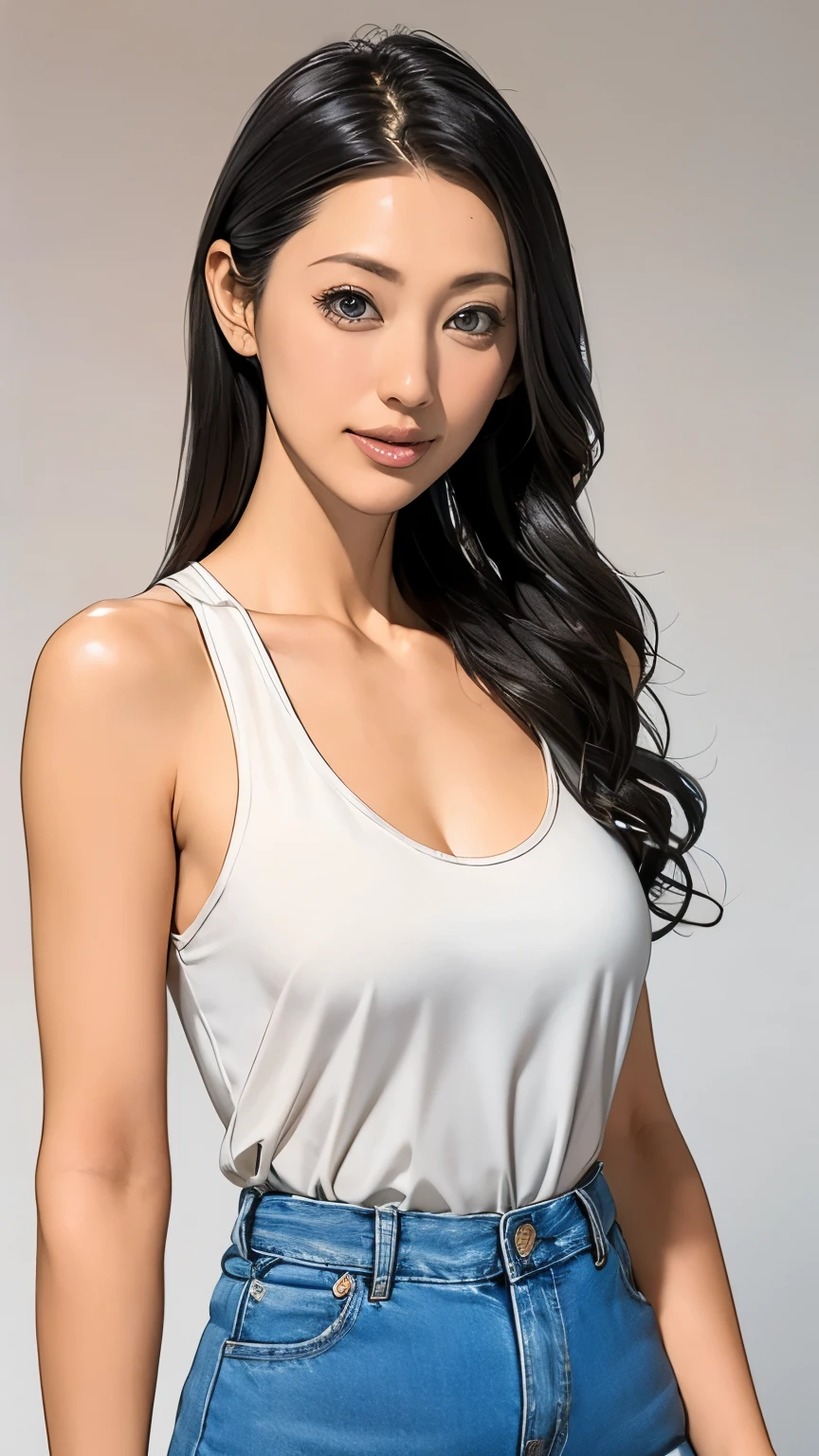 (masterpiece, Highest quality:1.2), One beautiful woman, alone, Are standing、Long Hair, White tank top shirt、, Denim shorts、Voluptuous body、Accentuate your body lines、 masterpiece, Anatomically correct, Textured skin, Attention to detail, Highest quality, 16K、Simple and elegant background