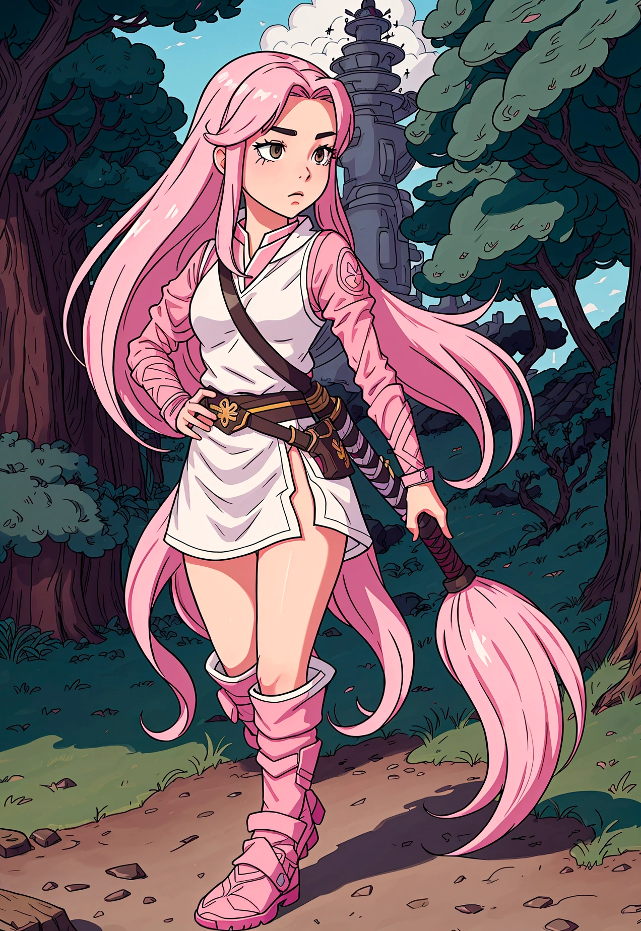 Estilo Fortnite y Ghibli, chica con pelo largo rosa, suelo, ropa blanca, magia de la belleza, cuerpo completo, katana magica