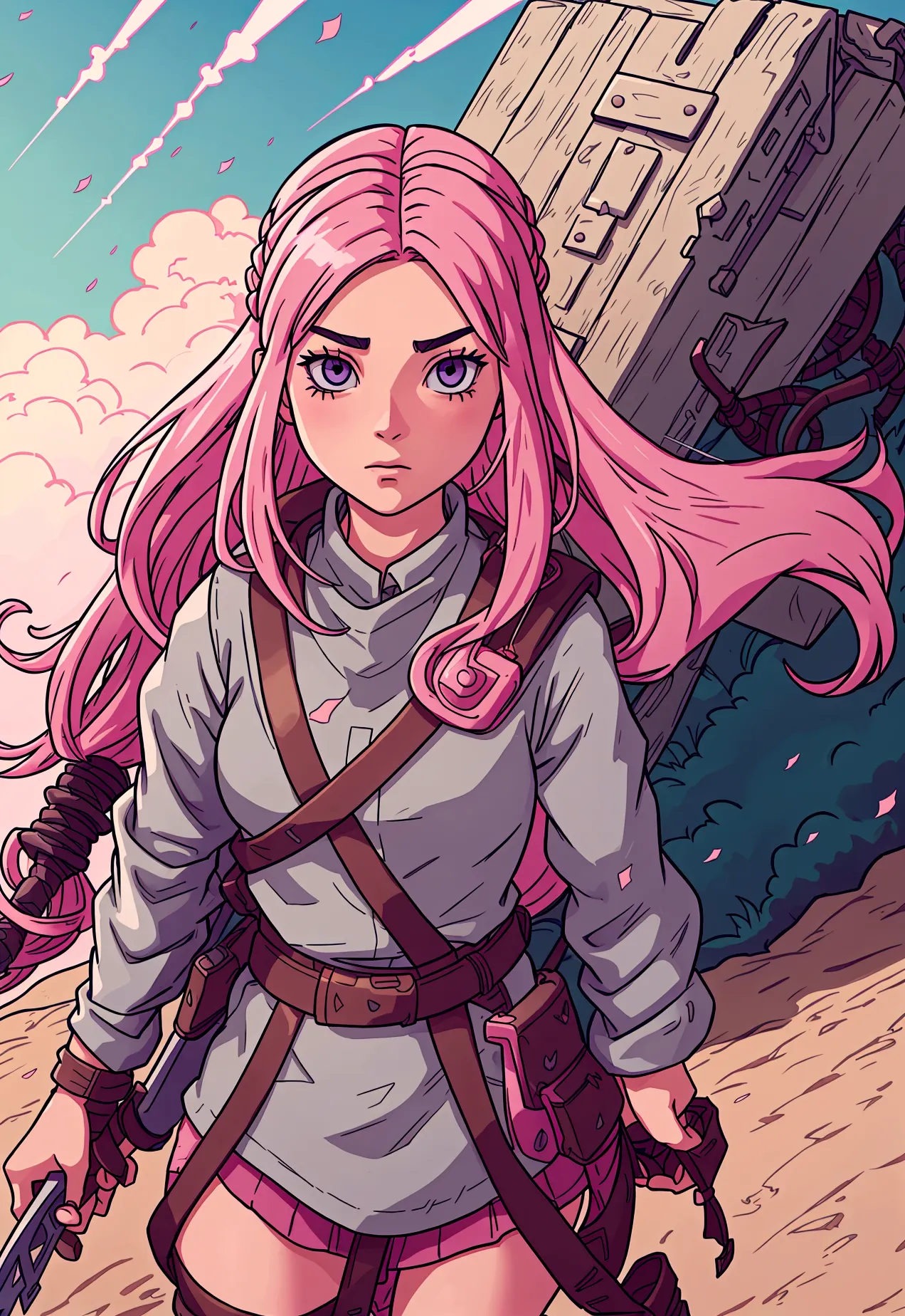 Fortnite and Ghibli style, girl with pink long hair, soilder, white clouthes, magic of beauty, full body, magic katana