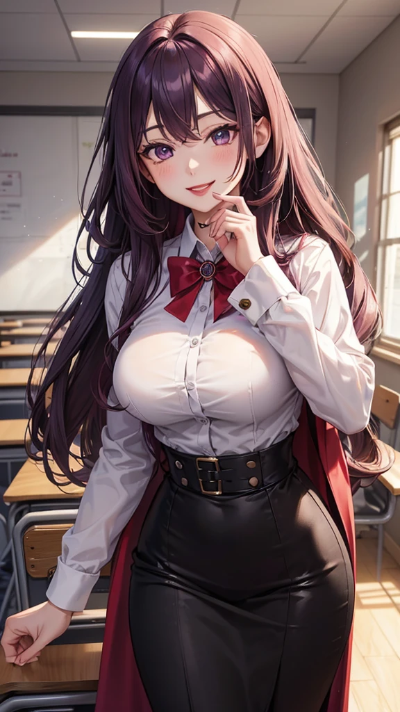 Purple wavy long hair，Sexy，woman，teacher，Red coat，White shirt，Long black dress，Large Breasts，Face red，Smile，lipstick，noble，exist|inside the classroom