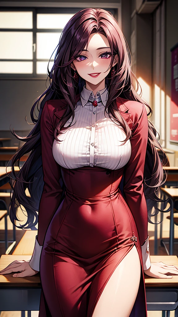 Purple wavy long hair，Sexy，woman，teacher，Red coat，White shirt，Long black dress，Large Breasts，Face red，Smile，lipstick，noble，exist|inside the classroom