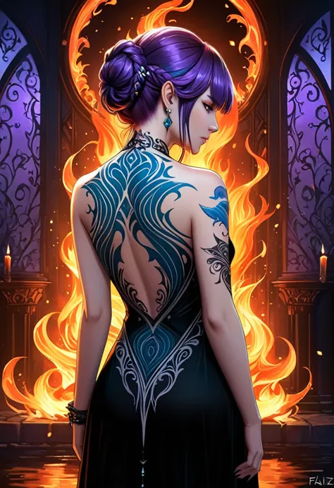  a picture of a an elf with  a ((tattoo of a shark: 1.5)) on her back, Dark fantasy art, fantasy art, goth art,, a glowing tatto...