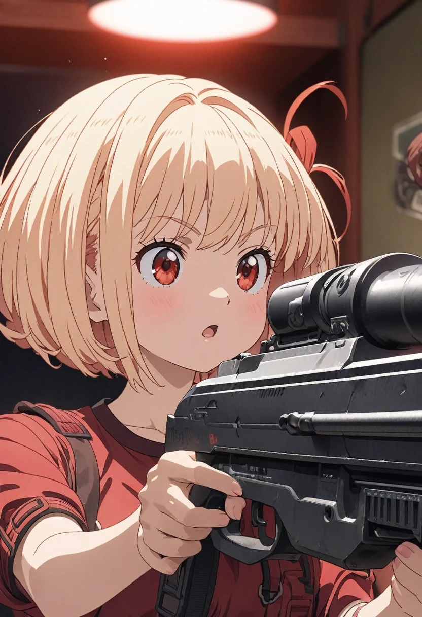 This is Chisato Nishikigi's masterpiece illustration from the anime Licorice Recoil. Her short blonde bob hairstyle has a red ribbon attached to it. He wears a red uniform. She seems to be holding a big gun and aiming at it while winking. very cute. This is a digital illustration. Sharp focus, highly detailed illustrations, masterpieces, high resolution, and Octane's overall style. Describe the whole thing. Particles of red light throughout Masterpiece, Top quality, High resolution, Unity 8k wallpaper, (Figure:0.8), Beautiful detailed eyes, Highly detailed face, Perfect lighting, Highly detailed CG, Perfect hands, Perfect anatomy