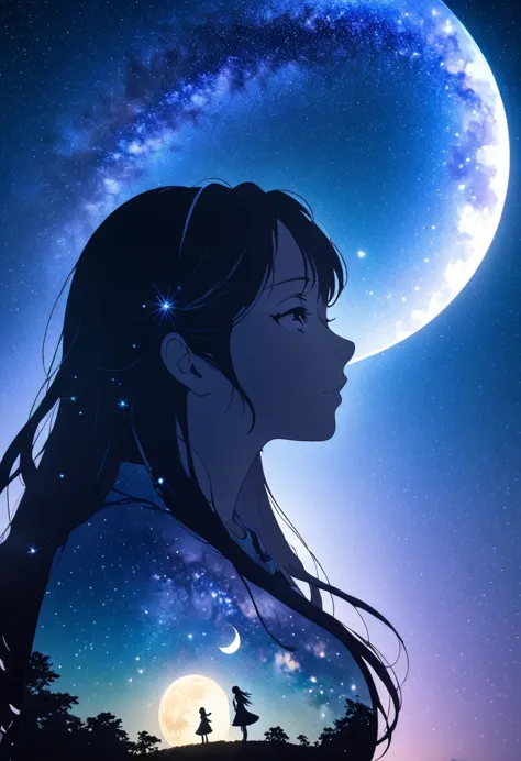  mate piece, silhouette, Milky Way, Orihime's, close-up, profile, monotony, moon, double exposure, Milky Way, Tanabata decoratio...