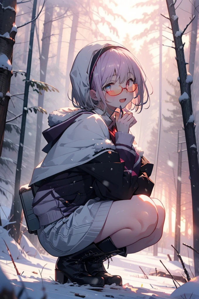 akaneshinjou, shinjou akane, Light purple hair, (Pink Eyes:1.2), short hair,Akagi Glasses,hair band,smile,blush,White Breath,Big Breasts,
Open your mouth,snow,Ground bonfire, Outdoor, boots, snowing, From the side, wood, suitcase, Cape, Blurred, having meal, forest, White handbag, nature,  Squat, Mouth closed, Cape, winter, Written boundary depth, Black shoes, red Cape break looking at viewer, Upper Body, whole body, break Outdoor, forest, nature, break (masterpiece:1.2), Highest quality, High resolution, unity 8k wallpaper, (shape:0.8), (Beautiful and beautiful eyes:1.6), Highly detailed face, Perfect lighting, Highly detailed CG, (Perfect hands, Perfect Anatomy),