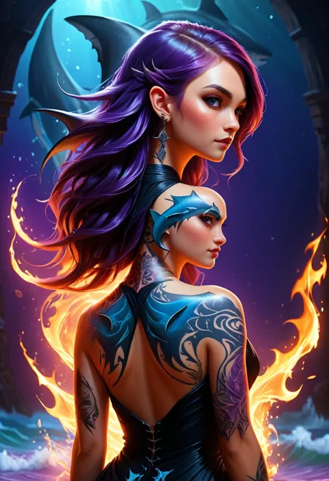  a picture of a an elf with  a ((tattoo of a shark: 1.5)) on her back, Dark fantasy art, fantasy art, goth art,, a glowing tatto...
