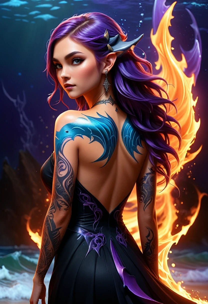  a picture of a an elf with  a ((tattoo of a shark: 1.5)) on her back, Dark fantasy art, fantasy art, goth art,, a glowing tattoo of a ((shark: 1.3)) on the back of the elf, the ((shark tattoo)) is vivid, intricate detailed coming to life from the ink to real life, GlowingRunesAI_purple, ((fire surrounds the shark: 1.5)), shoot taken from the back, ((the back is visible: 1.3), she wears a transparent black dress, the dress is elegant, flowing, elven style, that the tattoos glow, dynamic hair color, dynamic hair style, faize,, Digital Painting