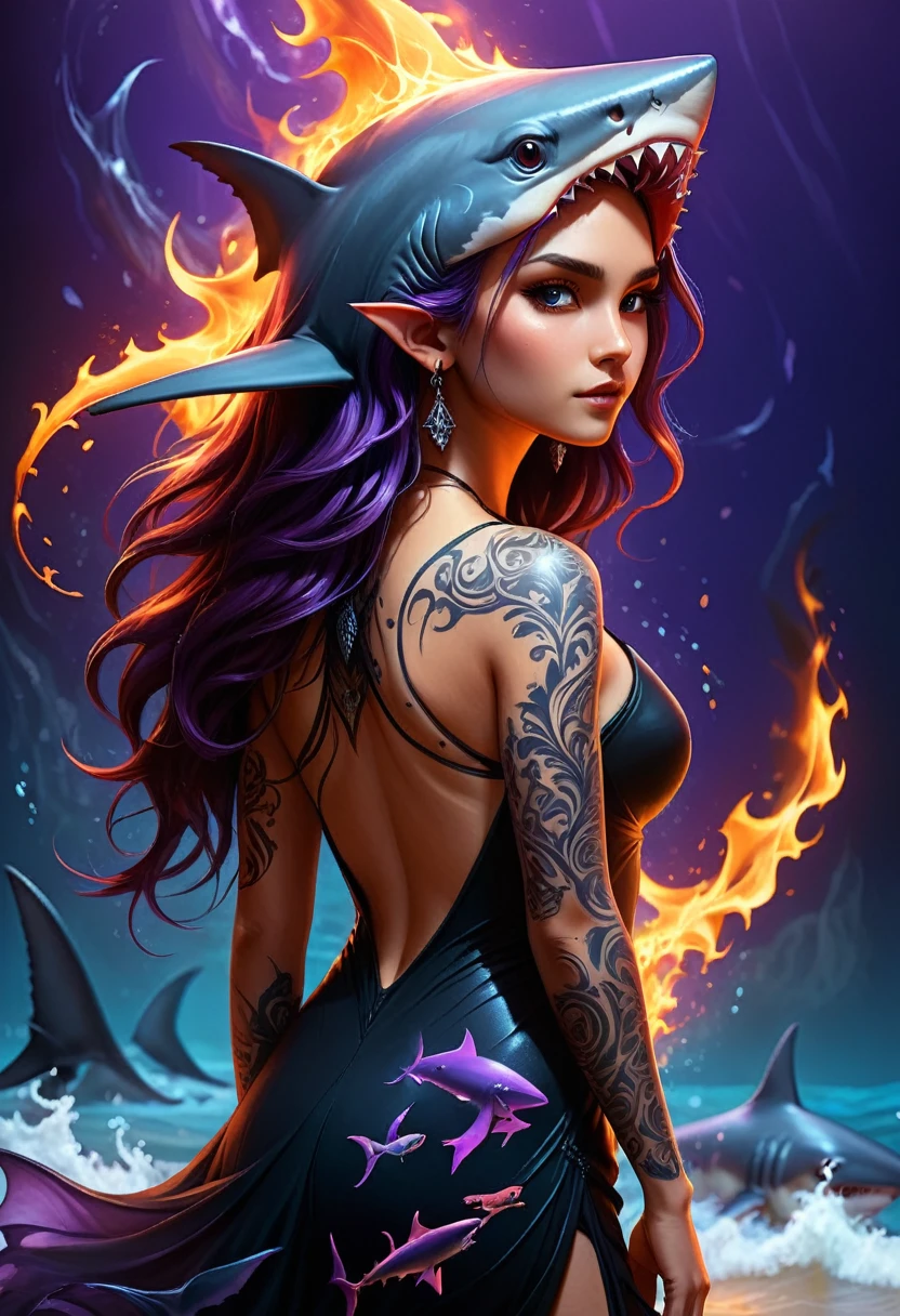  a picture of a an elf with  a ((tattoo of a shark: 1.5)) on her back, Dark fantasy art, fantasy art, goth art,, a glowing tattoo of a ((shark: 1.3)) on the back of the elf, the ((shark tattoo)) is vivid, intricate detailed coming to life from the ink to real life, GlowingRunesAI_purple, ((fire surrounds the shark: 1.5)), shoot taken from the back, ((the back is visible: 1.3), she wears a transparent black dress, the dress is elegant, flowing, elven style, that the tattoos glow, dynamic hair color, dynamic hair style, faize,, Digital Painting