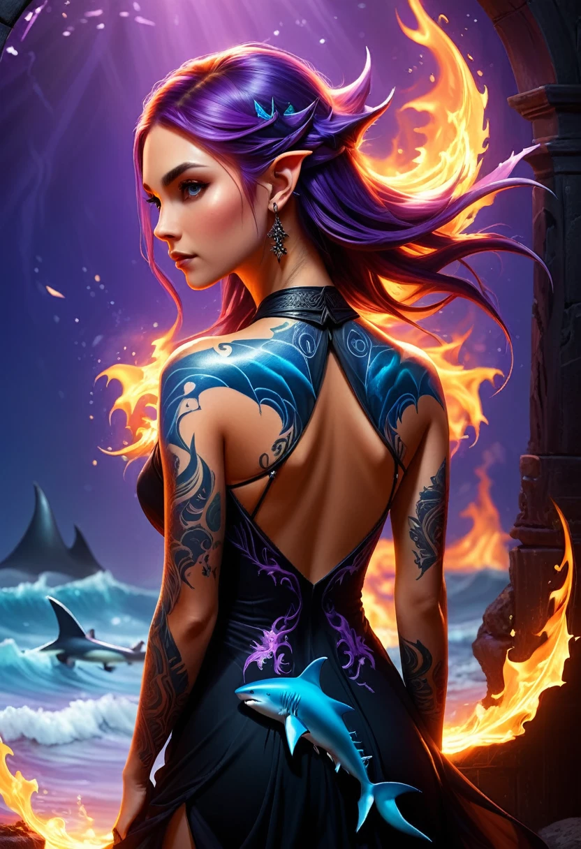  a picture of a an elf with  a ((tattoo of a shark: 1.5)) on her back, Dark fantasy art, fantasy art, goth art,, a glowing tattoo of a ((shark: 1.3)) on the back of the elf, the ((shark tattoo)) is vivid, intricate detailed coming to life from the ink to real life, GlowingRunesAI_purple, ((fire surrounds the shark: 1.5)), shoot taken from the back, ((the back is visible: 1.3), she wears a transparent black dress, the dress is elegant, flowing, elven style, that the tattoos glow, dynamic hair color, dynamic hair style, faize,, Digital Painting