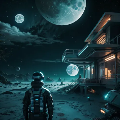 
Futuristic environment with the moon in the background. In the image with the following color palettes, #23101C, #772B32, #835C...
