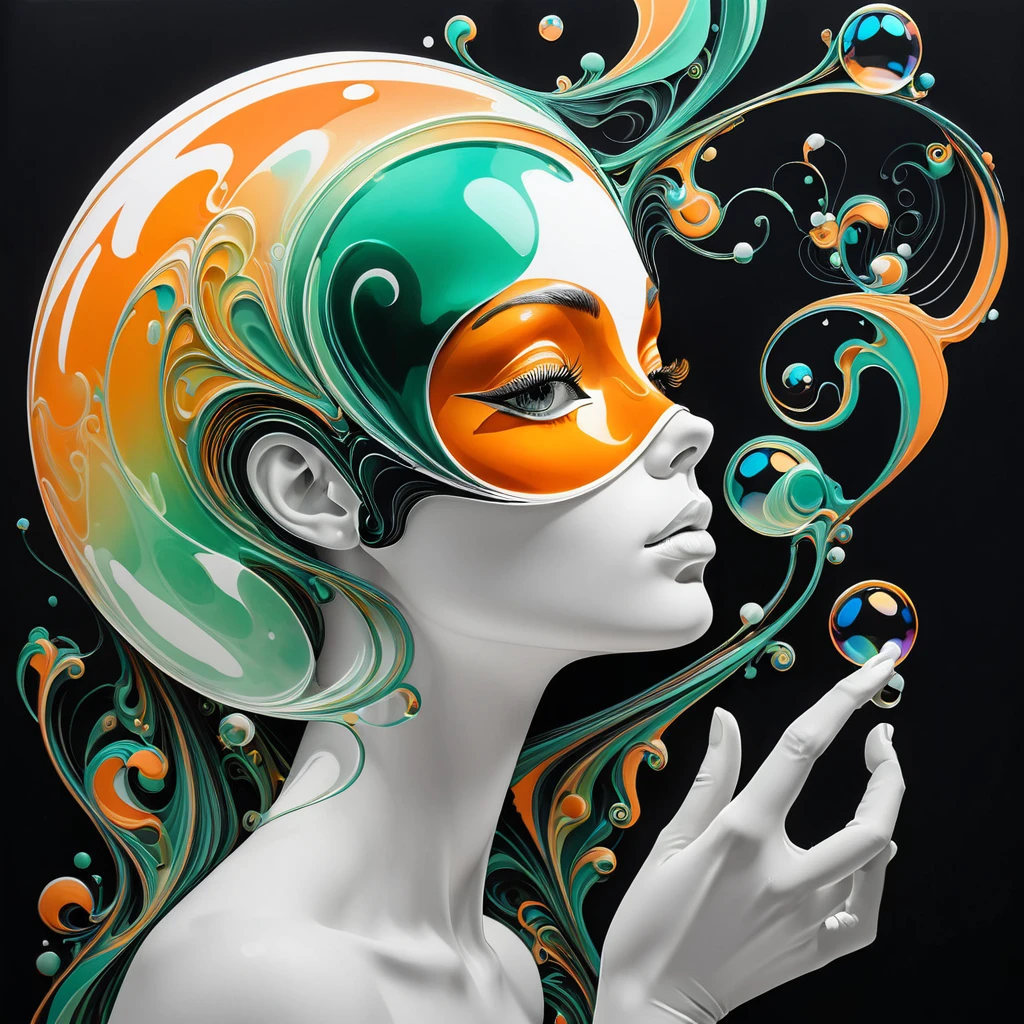 Masked, woman, Polished, Soap bubble, Line art PStyl3, Negative Space, Abstract, Complex, Iridescent, super high quality, Ultra-detailed, orange/green/black/white,