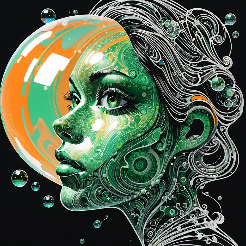 Masked, woman, Polished, Soap bubble, Line art PStyl3, Negative Space, Abstract, Complex, Iridescent, super high quality, Ultra-detailed, orange/green/black/white,