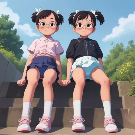 highest quality, ultra-high resolution, (realistic: )2d official style cel animation，((２little girls sitting in a row))，elementa...