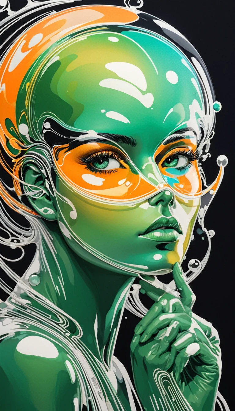 Masked, woman, Polished, Soap bubble, Line art PStyl3, Negative Space, Abstract, Complex, Iridescent, super high quality, Ultra-detailed, orange/green/black/white,