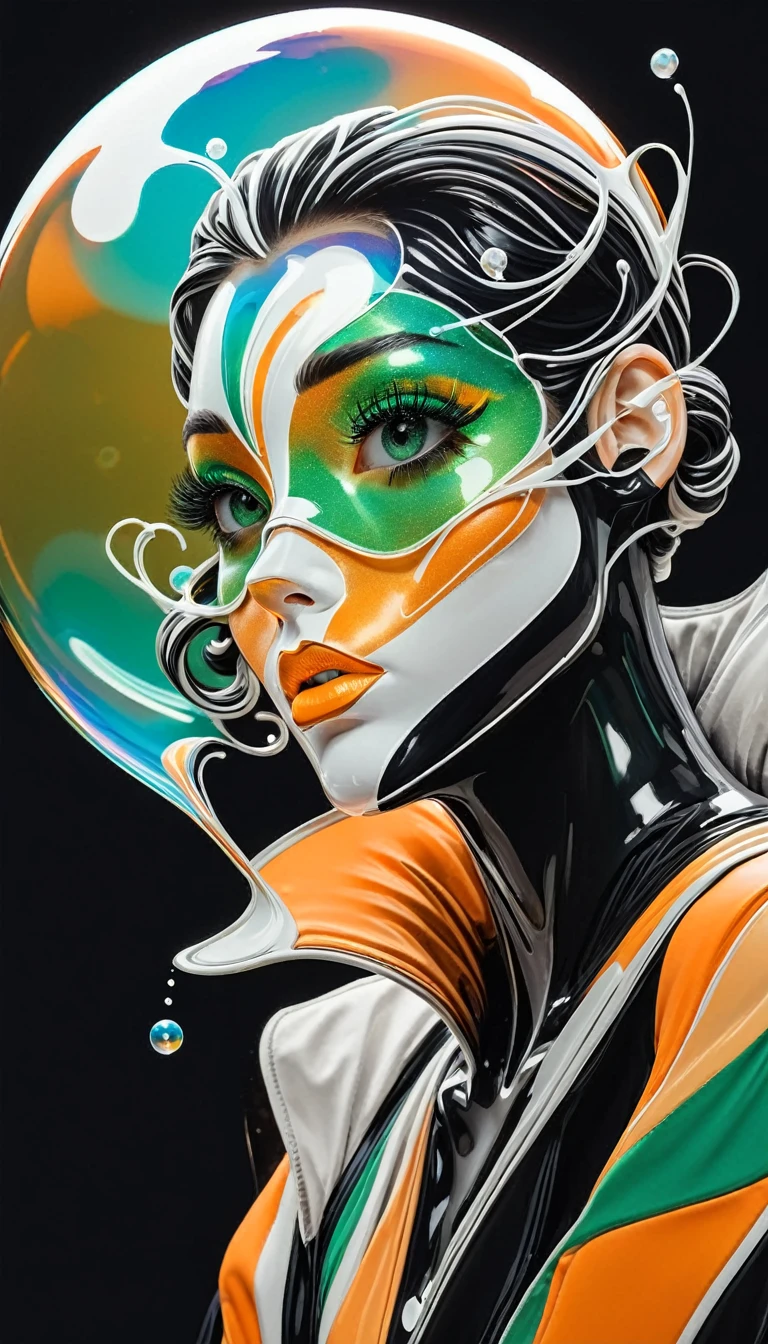 Masked, woman, Polished, Soap bubble, Line art PStyl3, Negative Space, Abstract, Complex, Iridescent, super high quality, Ultra-detailed, orange/green/black/white,