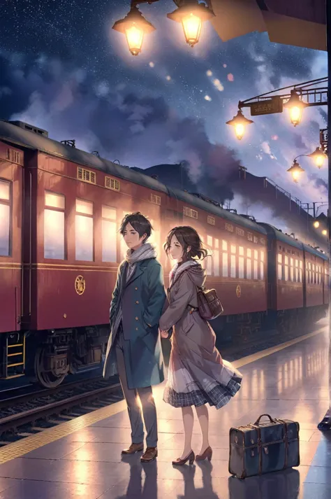 Taku Couple(16K, RAW Photos, Realistic: 1.25), Highest quality,Artistic,Train platform at night, woman,Sad expression,Tears stre...