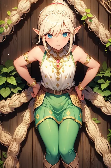 cute, elf, tanned, braid ponytail, thistle from dungeon meshi, sorceror, jester clothes
