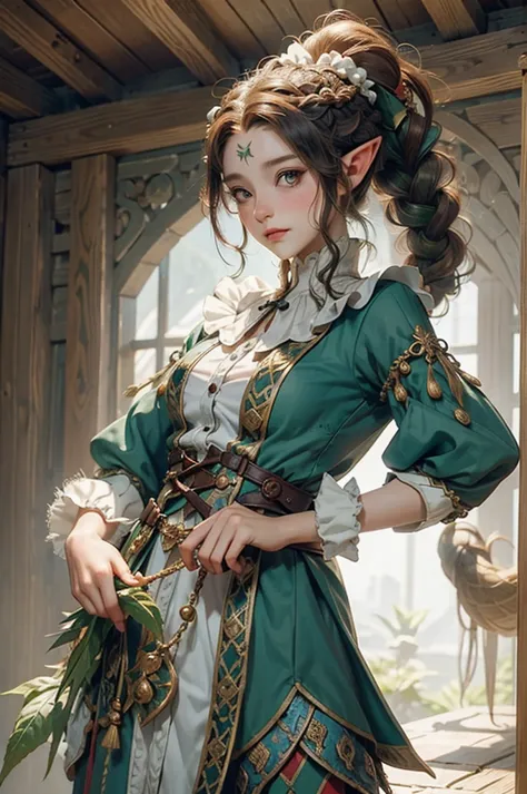 cute, elf, tanned, braid ponytail, thistle from dungeon meshi, sorceror, jester clothes
