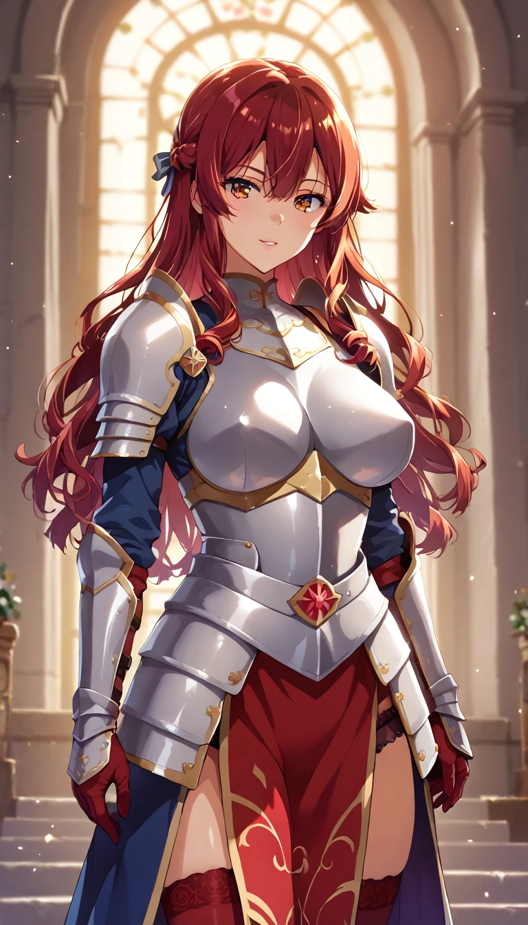 (masterpiece, best quality, ultra-detailed, high resolution, detailed eyes, detailed face detailed hair), takeda hiromitsu style, {{1woman}}, (30 years old), knight, {armor}, red long hair, curly hair, curvy body, cowboy shot