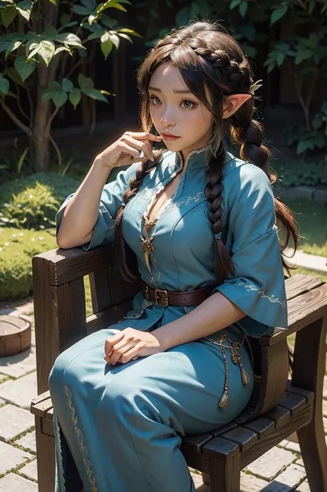 cute, elf, tanned, braid ponytail, thistle from dungeon meshi, sorceror, jester clothes
