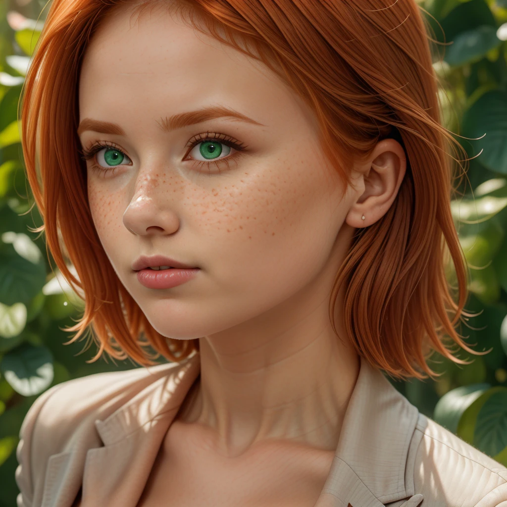 beautiful Irish redhead, orange ginge rhair, face completely covered in lots of (freckles:.9), (thin eyes:1.2), full lips, large (forehead:1.4), 30 years old, blush pink lipstick, no bangs, short hair., rectangle face, no eyebrows, face closeup, green eyes. businesswoman, professional suit, large breasts, cleavage.