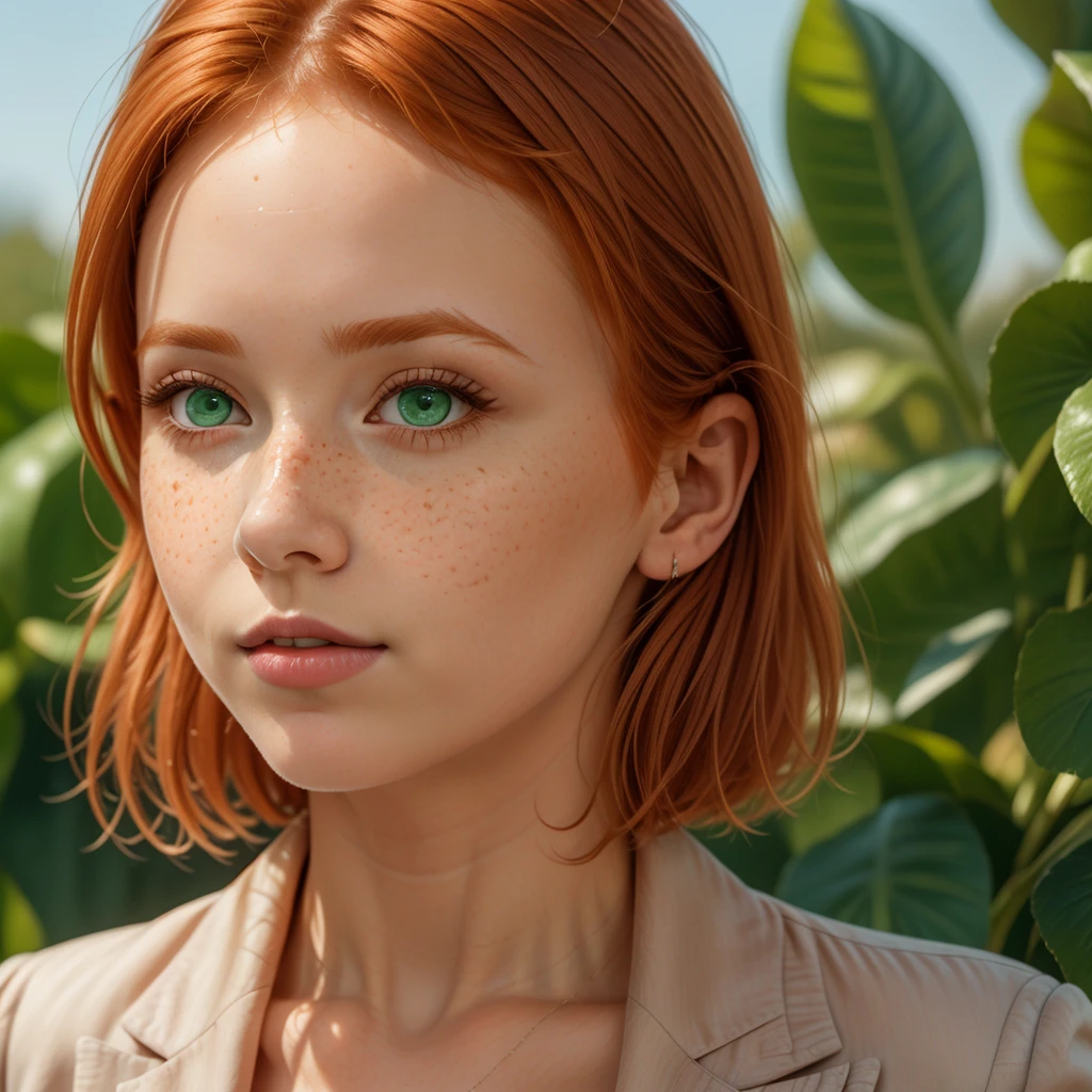 1woman, solo, beautiful Irish redhead, orange ginge rhair, face completely covered in lots of (freckles:.9), (thin eyes:1.2), full lips, large (forehead:1.4), 30 years old, blush pink lipstick, no bangs, short hair., rectangle face, no eyebrows, face closeup, green eyes. businesswoman, professional suit, large breasts, cleavage.