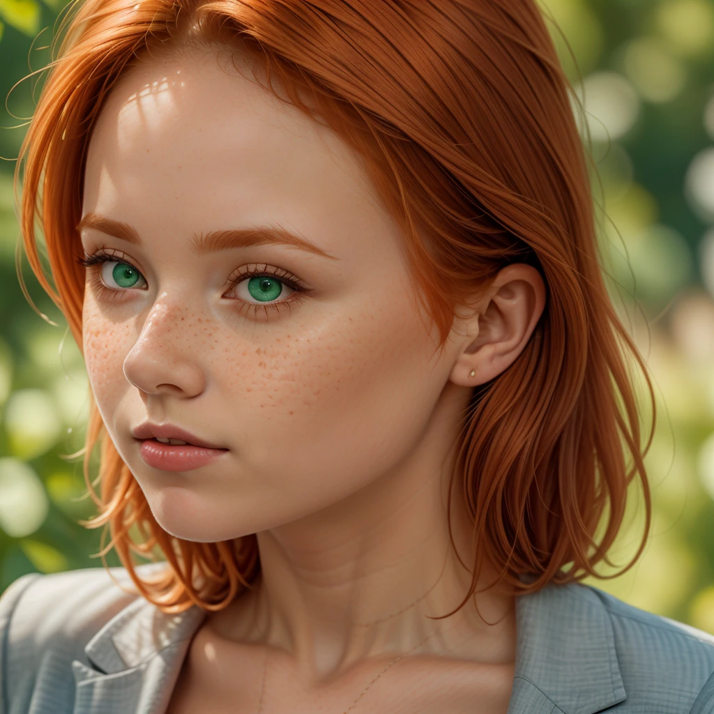 1woman, solo, beautiful Irish redhead, orange ginge rhair, face completely covered in lots of (freckles:.9), (thin eyes:1.2), full lips, large (forehead:1.4), 30 years old, blush pink lipstick, no bangs, short hair., rectangle face, no eyebrows, face closeup, green eyes. businesswoman, professional suit, large breasts, cleavage.