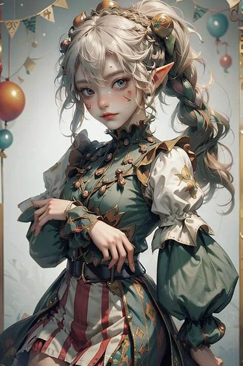 cute, elf, tanned skin, , braid ponytail, thistle from dungeon meshi,  jester clothes, clown
