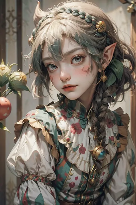 cute, elf, tanned skin, , braid ponytail, thistle from dungeon meshi,  jester clothes, clown
