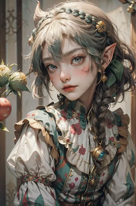 cute, elf, tanned skin, , braid ponytail, thistle from dungeon meshi,  jester clothes, clown