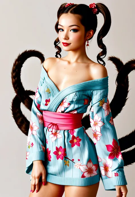 (masterpiece, best quality:1.2), 1. double tail,beautiful sexy woman(wear an off-the-shoulder kimono),,(smooth skin),e7e48u，smal...