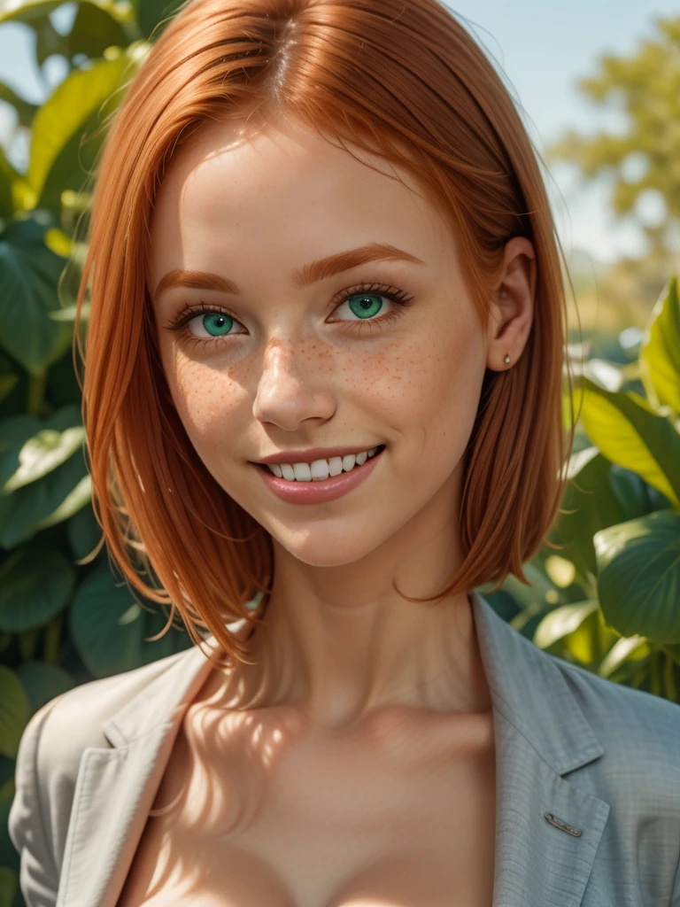 beautiful Irish redhead, orange ginge rhair, face completely covered in lots of (freckles:.9), (thin eyes:1.2), full lips, large (forehead:1.4), 30 years old, blush pink lipstick, no bangs, short hair. wide smile showing teeth, grin, happy, rectangle face, no eyebrows, face closeup, green eyes. businesswoman, professional suit, large breasts, cleavage.