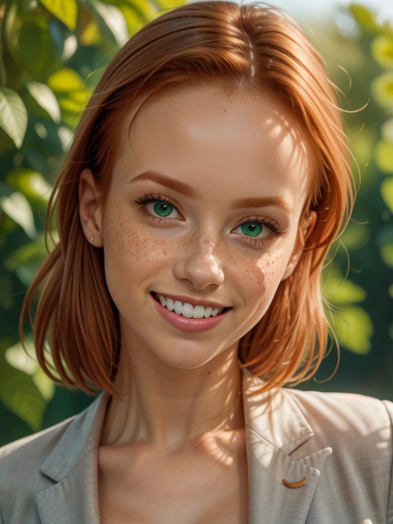 beautiful Irish redhead, orange ginge rhair, face completely covered in lots of (freckles:.9), (thin eyes:1.2), full lips, large (forehead:1.4), 30 years old, blush pink lipstick, no bangs, short hair. wide smile showing teeth, grin, happy, rectangle face, no eyebrows, face closeup, green eyes. businesswoman, professional suit, large breasts, cleavage.