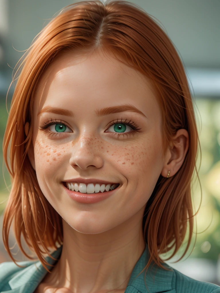 beautiful Irish redhead, orange ginge rhair, face completely covered in lots of (freckles:.9), (thin eyes:1.2), full lips, large (forehead:1.4), 30 years old, blush pink lipstick, no bangs, short hair. wide smile showing teeth, grin, happy, rectangle face, no eyebrows, face closeup, green eyes. businesswoman, professional suit, large breasts, cleavage.