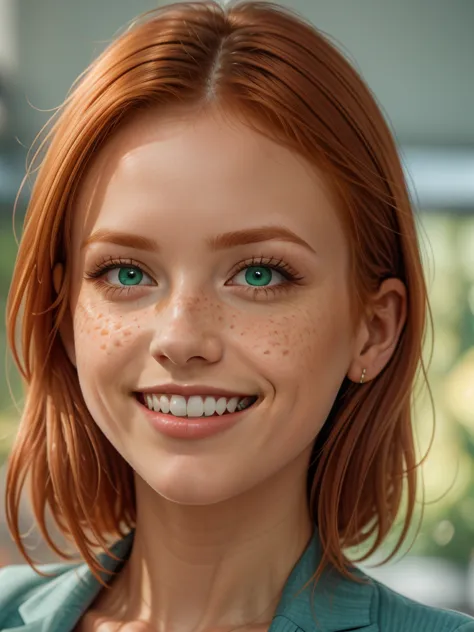 beautiful irish redhead, orange ginge rhair, face completely covered in lots of (freckles:.9), (thin eyes:1.2), full lips, large...