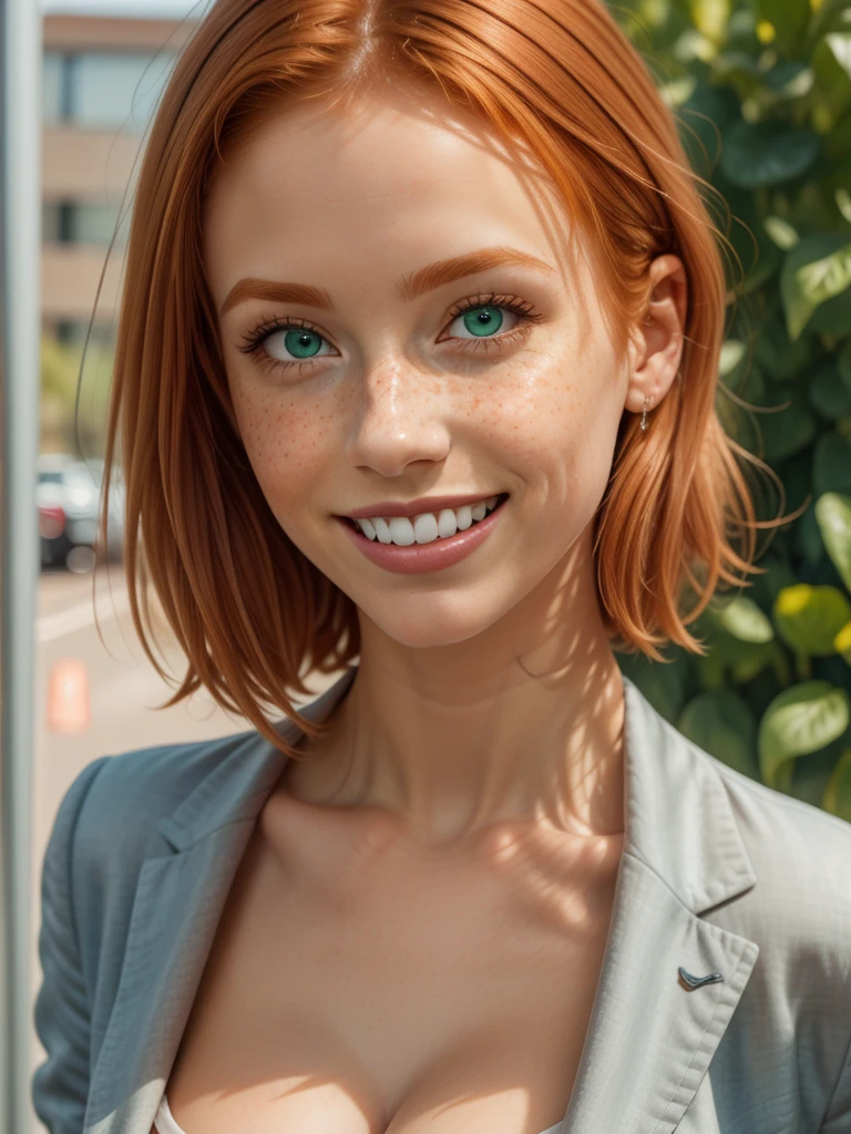 beautiful Irish redhead, orange ginge rhair, face completely covered in lots of (freckles:.9), (thin eyes:1.2), full lips, large (forehead:1.4), 30 years old, blush pink lipstick, no bangs, short hair. wide smile showing teeth, grin, happy, rectangle face, no eyebrows, face closeup, green eyes. businesswoman, professional suit, large breasts, cleavage.