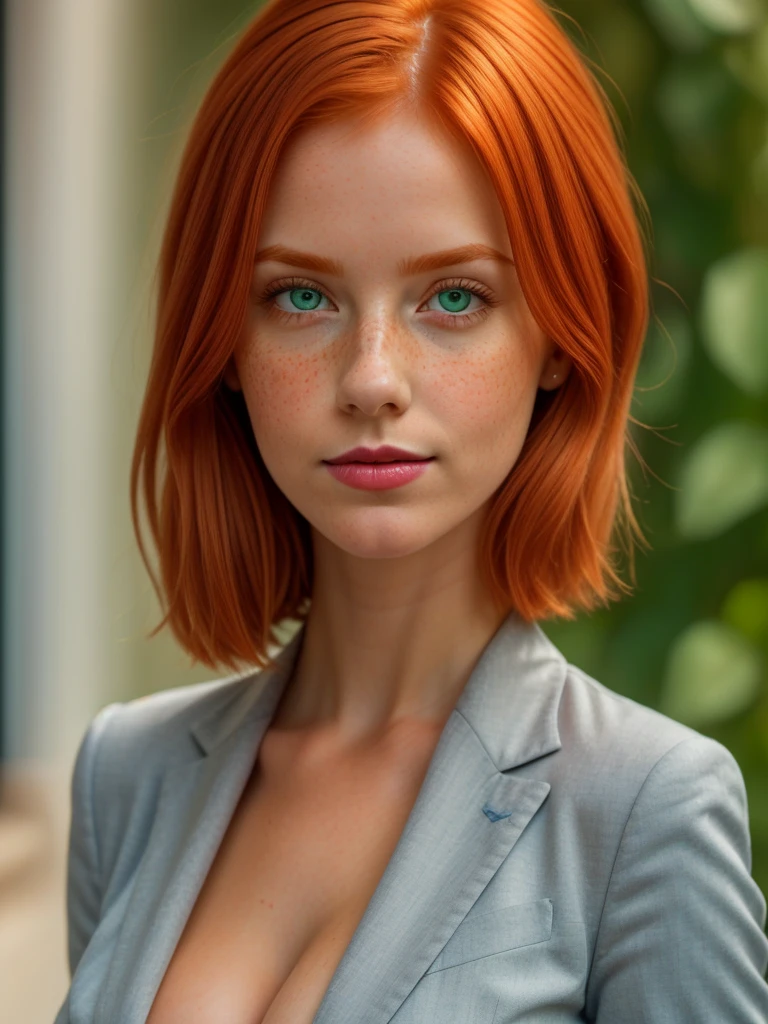 1woman, solo, beautiful Irish redhead, orange ginge rhair, face completely covered in lots of (freckles:.9), (thin eyes:1.2), full lips,, 30 years old, blush pink lipstick, no bangs, short hair., rectangle face, no eyebrows, face closeup, green eyes. businesswoman, professional suit, large breasts, cleavage.