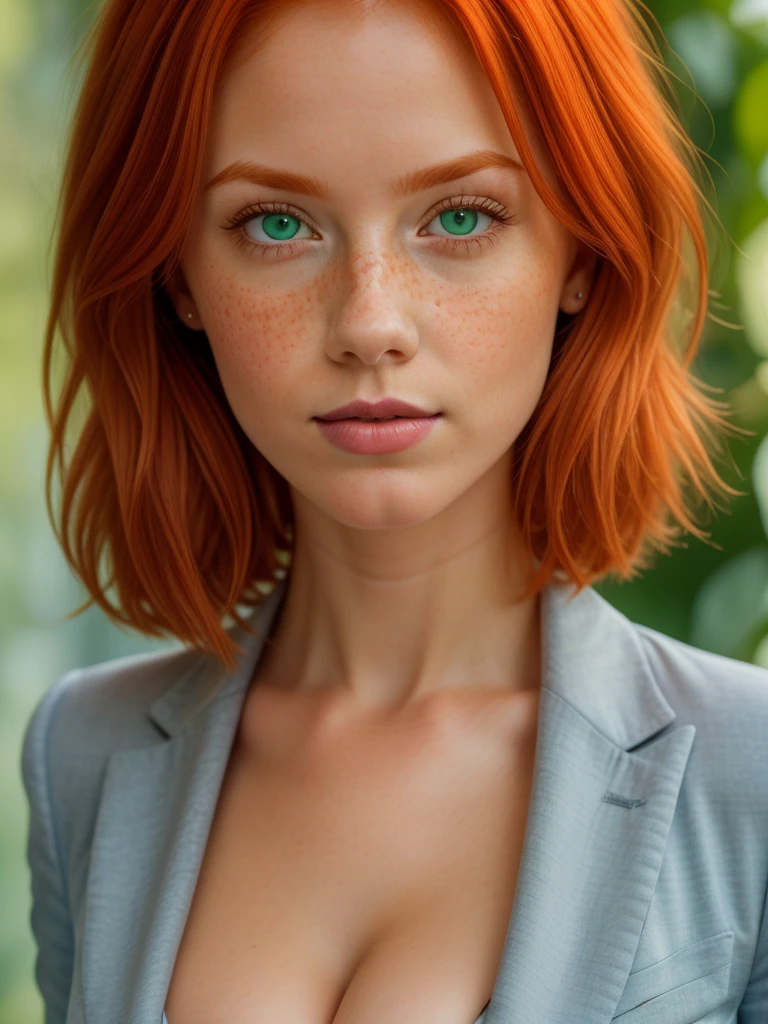 1woman, solo, beautiful Irish redhead, orange ginge rhair, face completely covered in lots of (freckles:.9), (thin eyes:1.2), full lips,, 30 years old, blush pink lipstick, no bangs, short hair., rectangle face, no eyebrows, face closeup, green eyes. businesswoman, professional suit, large breasts, cleavage.