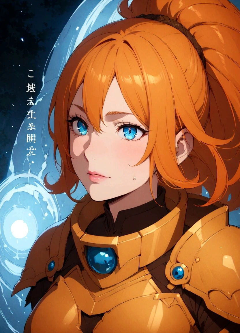 Adult stone, sun orange hair, blue eyes, big breasts, armor, warrior, beautiful face,