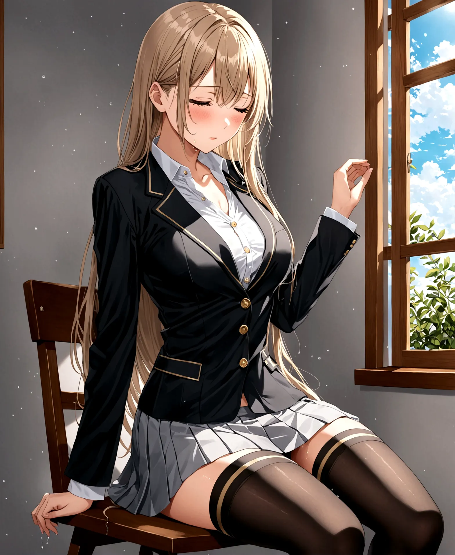 /(front focus), /(front view,), /(focus on girl,), a beautiful girl, high school student, sitting on a chair, beside the window,...