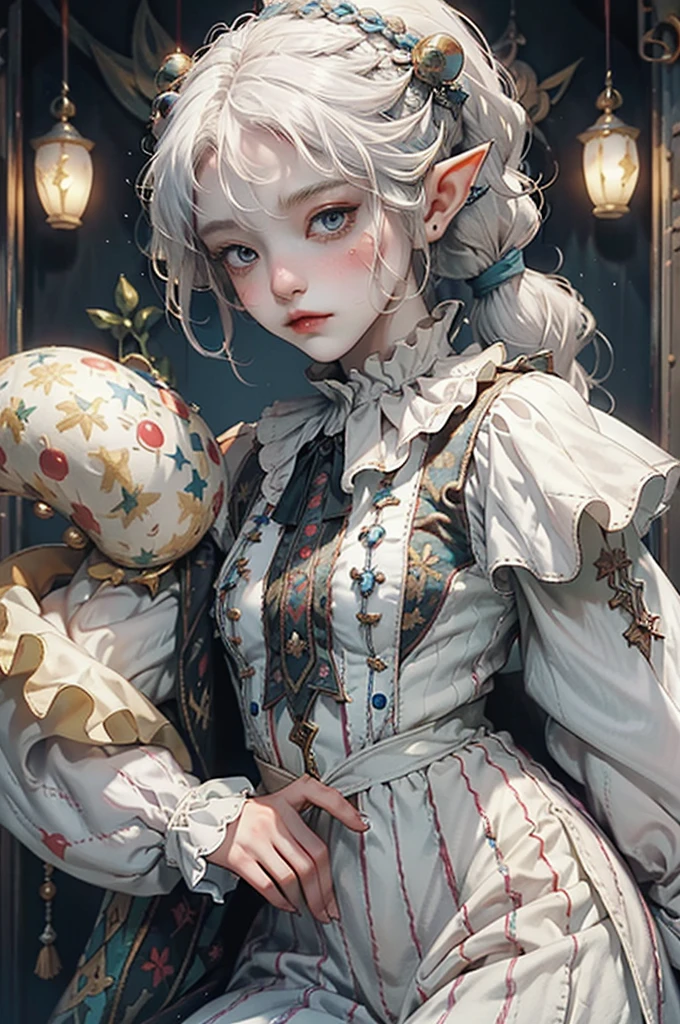 cute, elf, dark skin, white hair, white and blue clothes,  braid ponytail, thistle from dungeon meshi, jester clothes, clown
