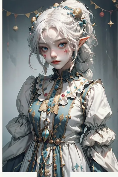 cute, elf, dark skin, white hair, white and blue clothes,  braid ponytail, thistle from dungeon meshi, jester clothes, clown