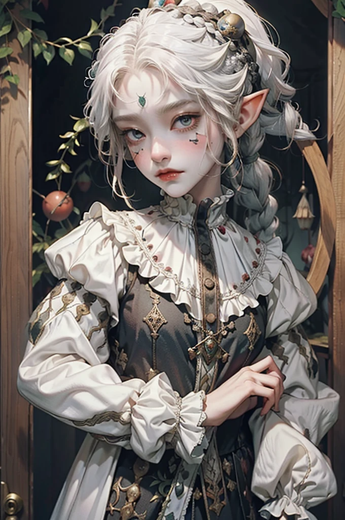 cute, elf, dark skin, white hair, white and black clothes, braid ponytail, thistle from dungeon meshi, jester clothes, clown
