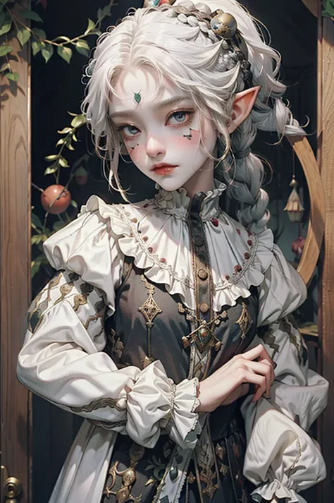 cute, elf, dark skin, white hair, white and black clothes, braid ponytail, thistle from dungeon meshi, jester clothes, clown