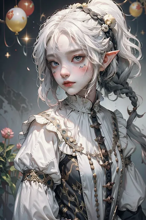 cute, elf, dark skin, white hair, white and black clothes, braid ponytail, thistle from dungeon meshi, jester clothes, clown
