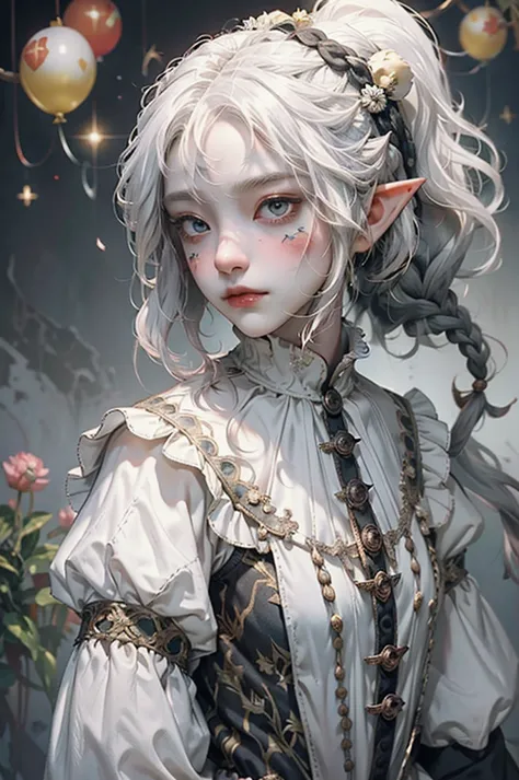 cute, elf, dark skin, white hair, white and black clothes, braid ponytail, thistle from dungeon meshi, jester clothes, clown