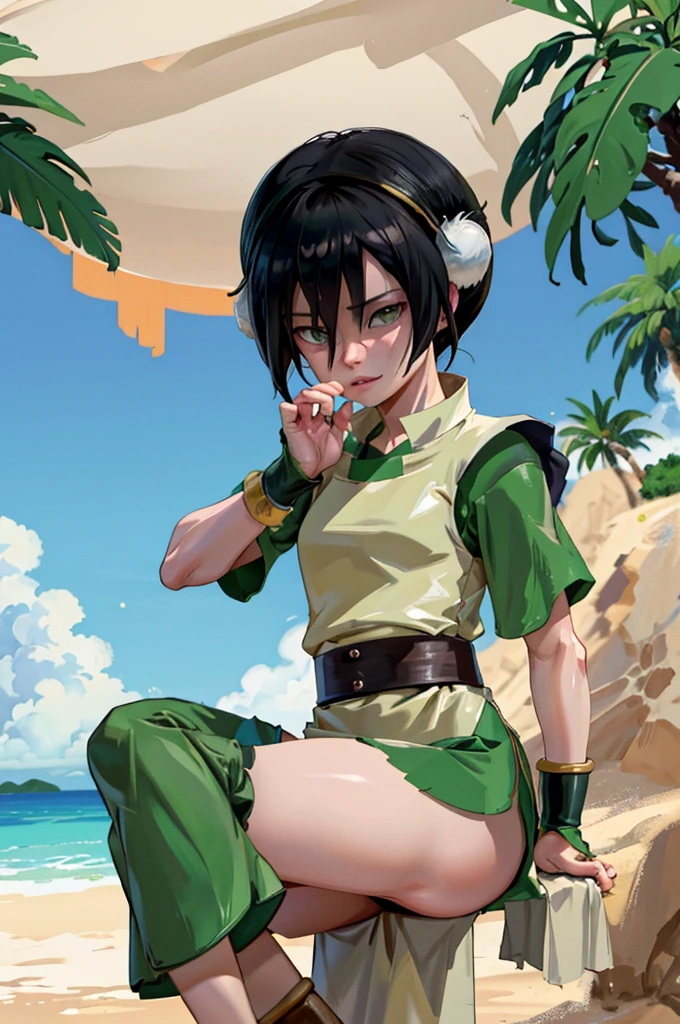 Toph Beifong 赤身裸体在沙滩上，她的阴茎里充满了精液 