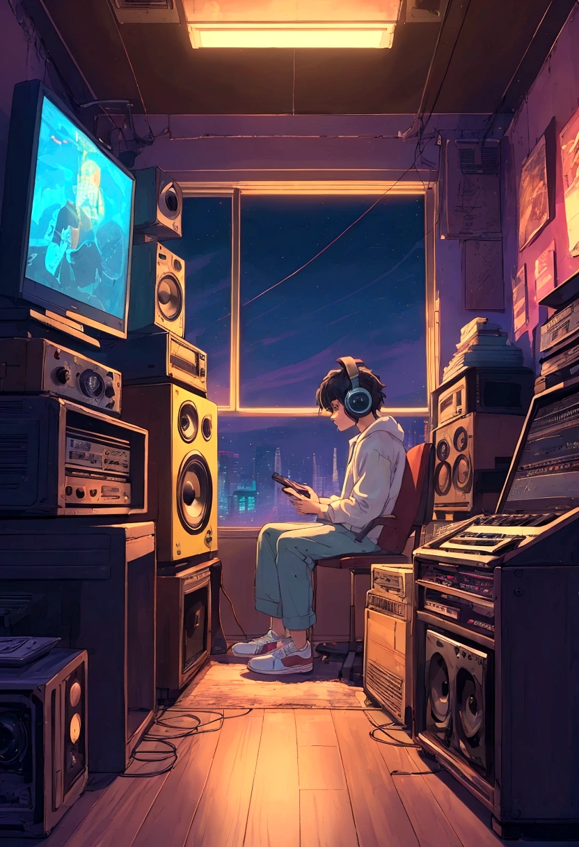 There is a man sitting in a chair in front of a computer, hip hop lofi, cool vibes, lofi artstyle, lofi art, cool vibe, lofi girl, lo-fi art, Lofi hears, chillhop, lofi aesthetic, 8 0 s anime vibe, lofi portrait, they be, lofi colors